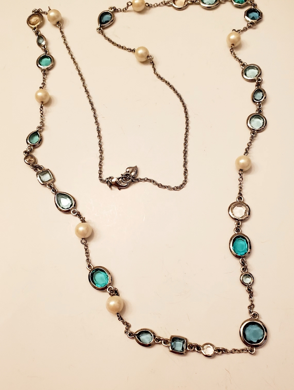 COOKIE LEE Silver Chain Necklace Aqua Blue Glass Bezel Set Stones, Pearl Accents